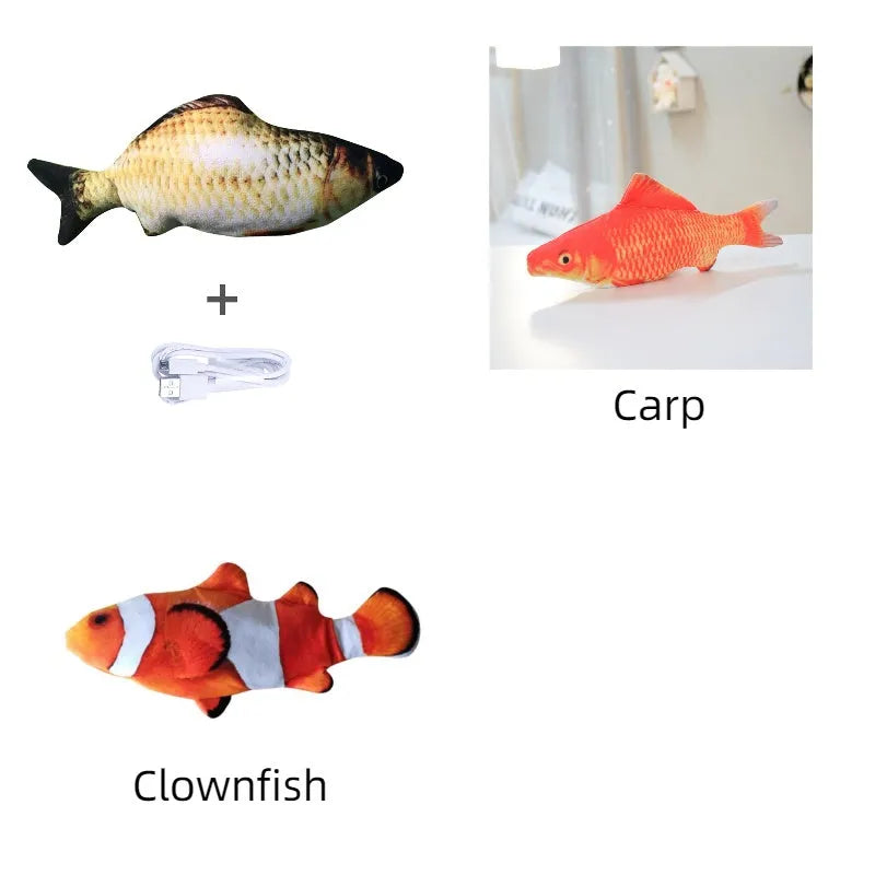 Electric jumping fish simulation cat toy showing multicolor options and USB charging cable.