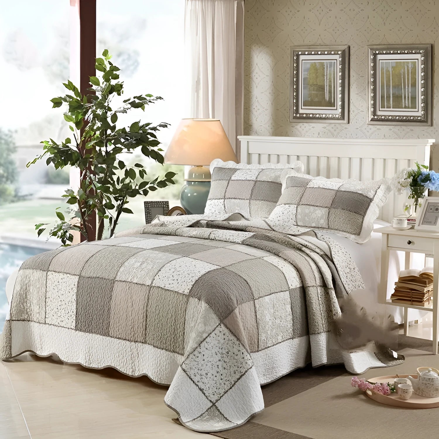 Pure cotton quilted bedspread three-piece set in washed fabric with pillowcases on a bed.