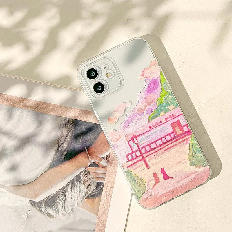 Soft silicone and PC hard shell mobile phone case with a two cats cartoon design for iPhone.