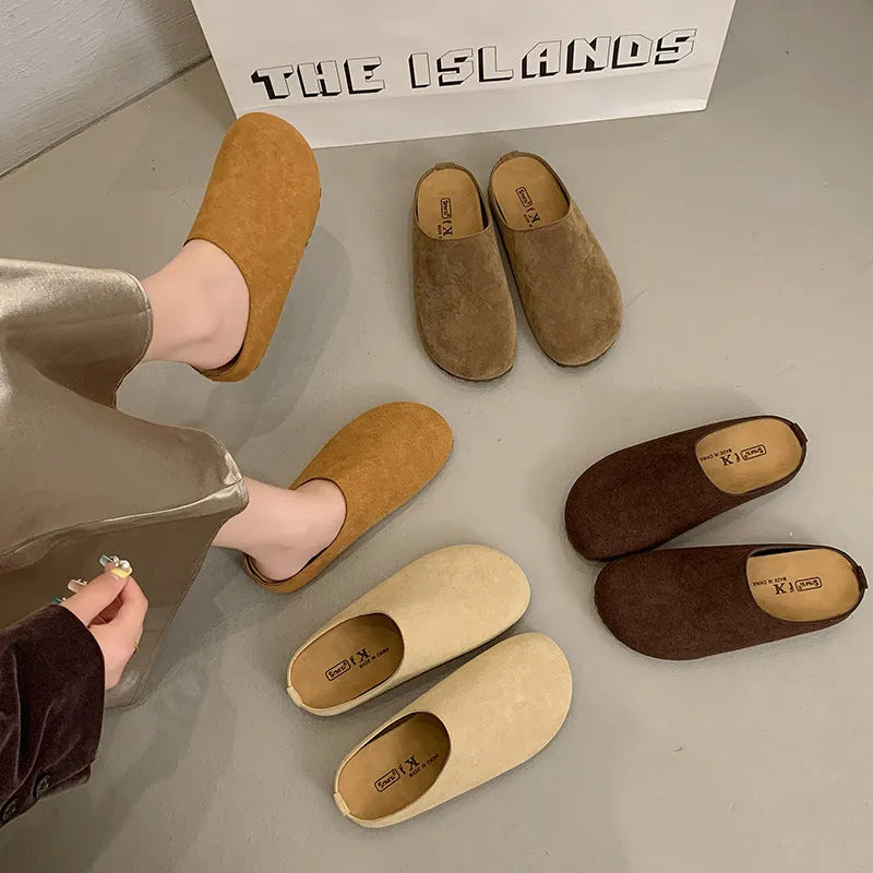 Korean-style women's outdoor slip-on slippers with square toe in apricot colour