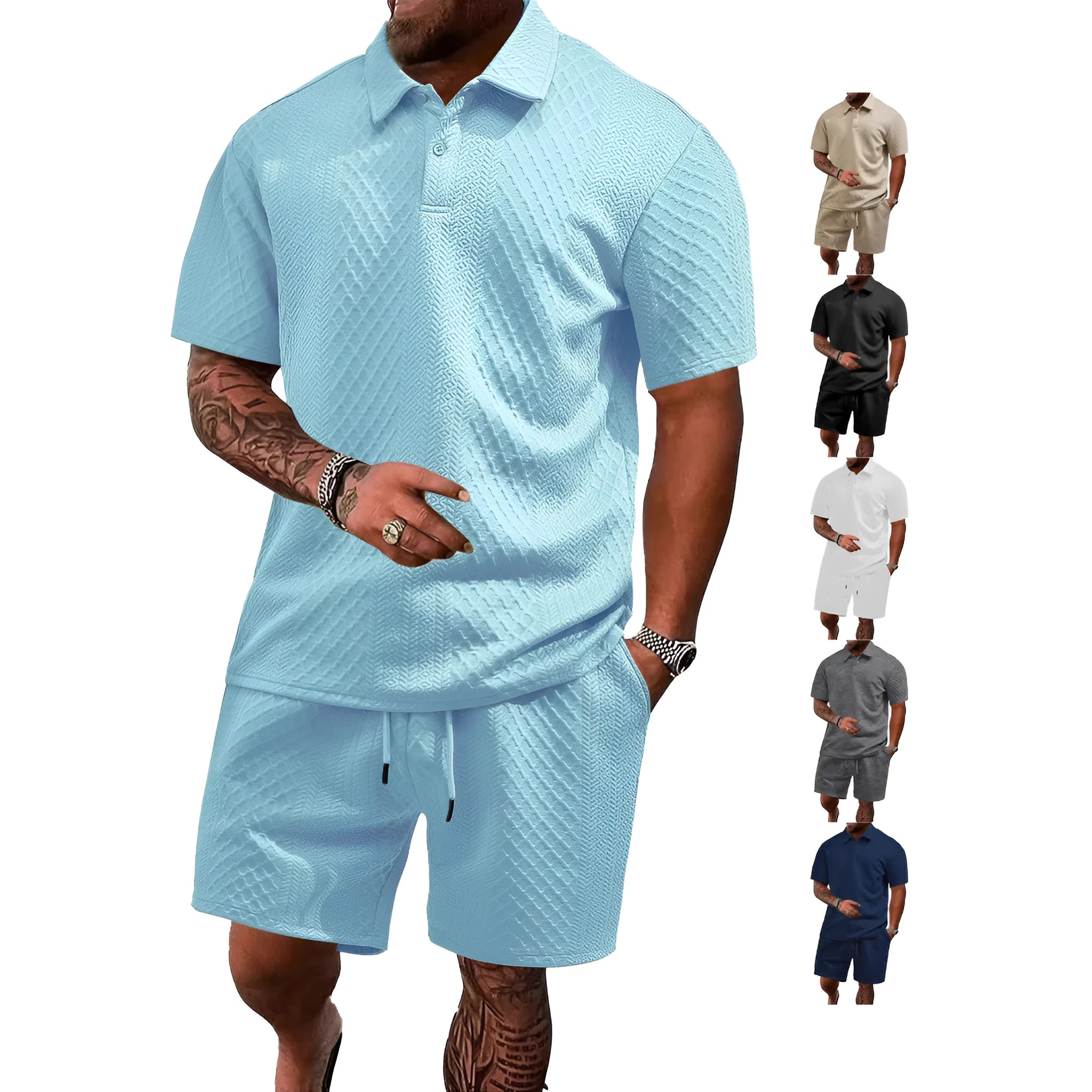 Men's thin figured cloth short sleeve casual suit in navy blue, showing Polo shirt top and trousers