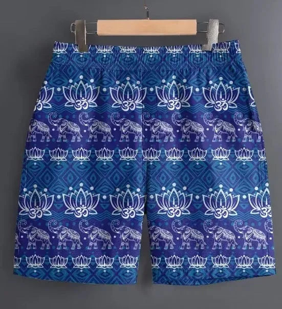 Men's polyester outdoor sports shorts in multiple patterns including stripes and camouflage