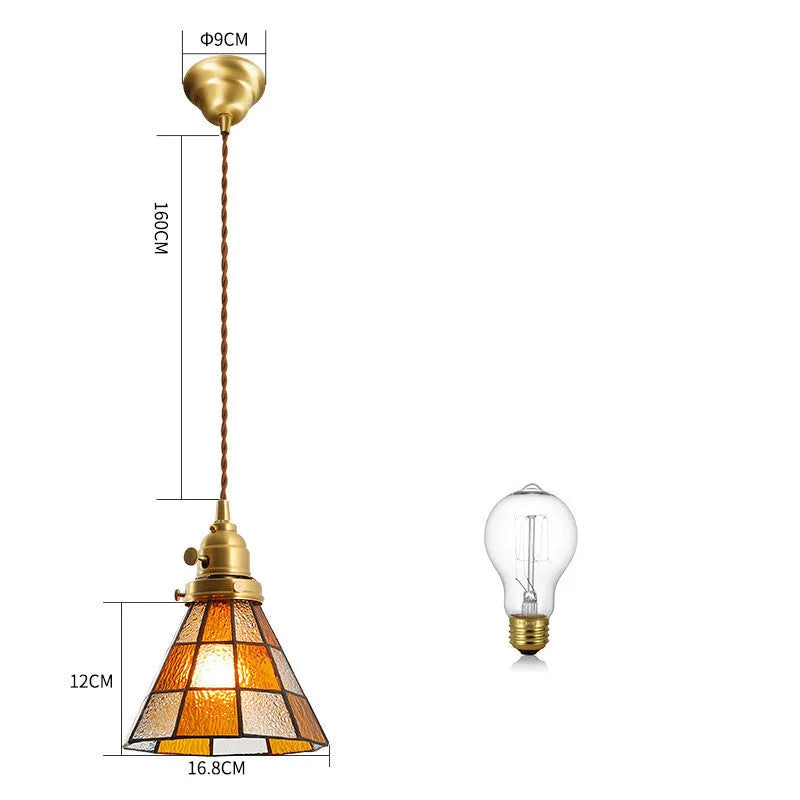 Japanese retro brass and glass chandelier with hand-blown shades, walnut wood accents, and hemp rope light line