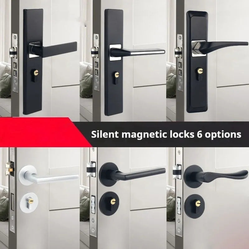 Aluminium alloy split magnetic door lock handle body with mute mechanism for timber doors in black and silver finish