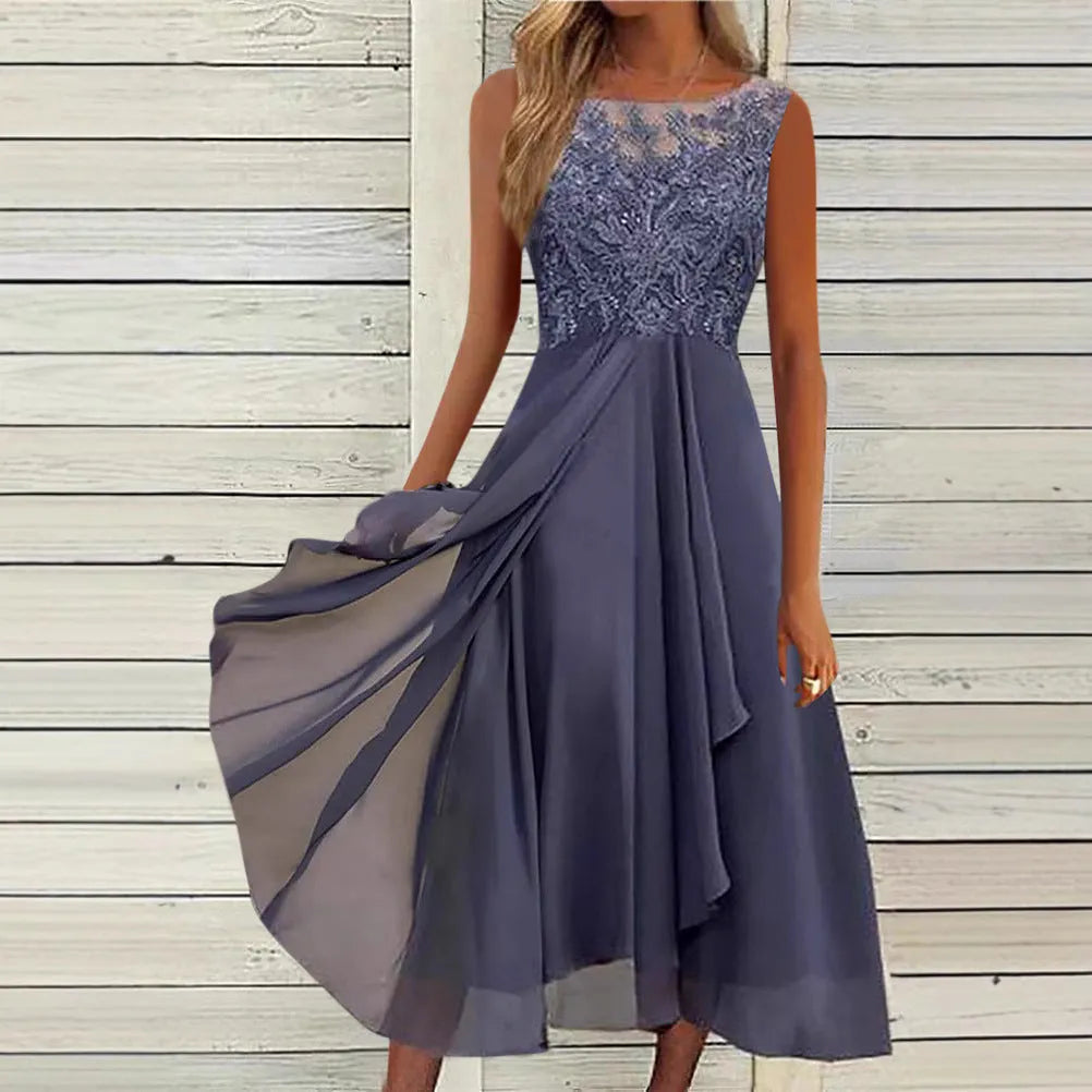 Women's sleeveless chiffon dress with lace hollow-out stitching, midi length, shown in blue.