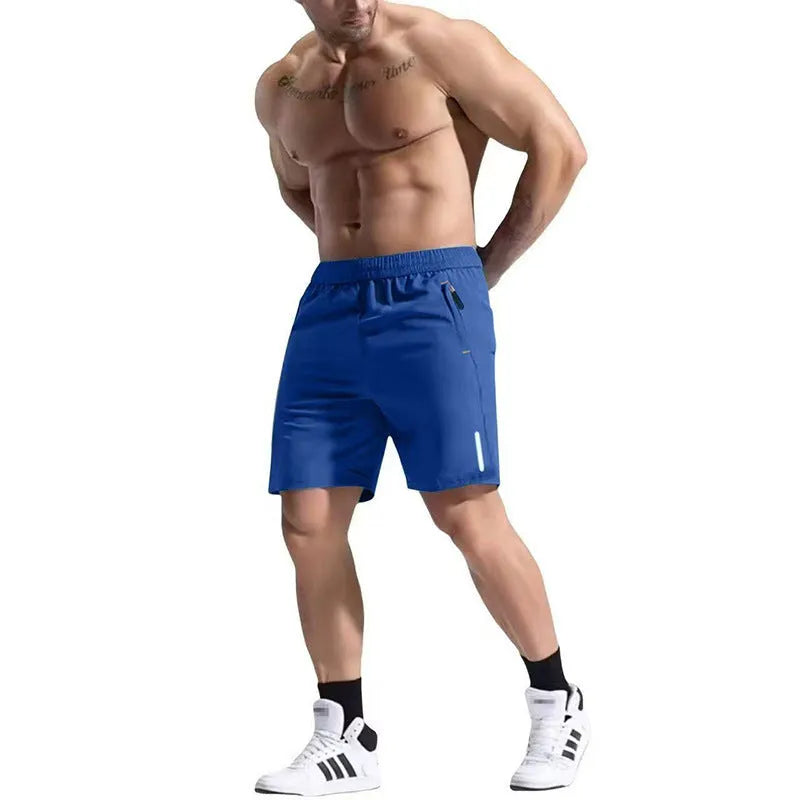 Men's grey elastic waist sports shorts made from bamboo blend fabric on a plain background.