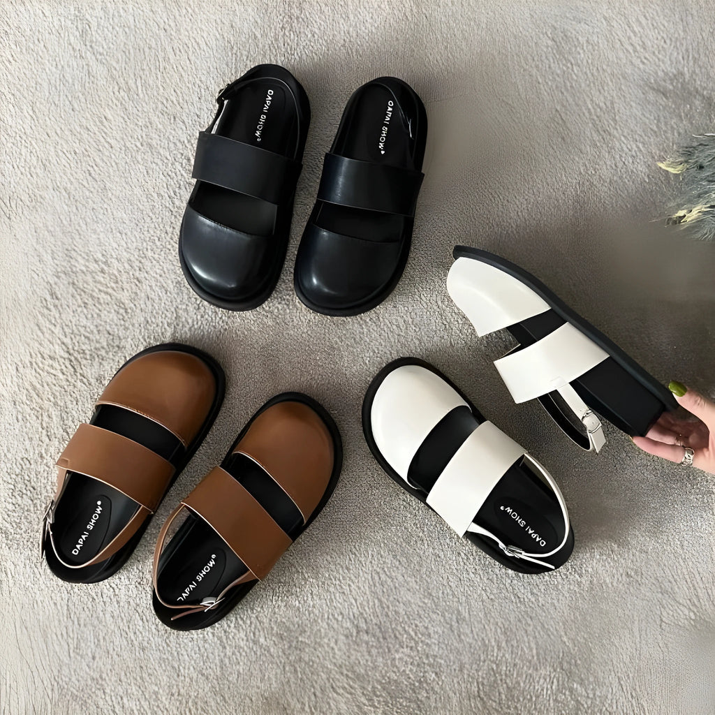 Retro women's sandals with ankle buckle strap in apricot colour