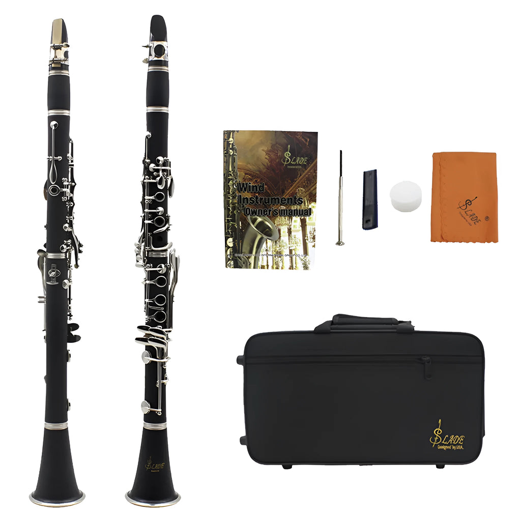 Black Bakelite clarinet with nickel-plated keys and a carrying bag for beginner students.