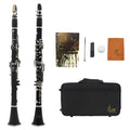 Black Bakelite clarinet with nickel-plated keys and a carrying bag for beginner students.