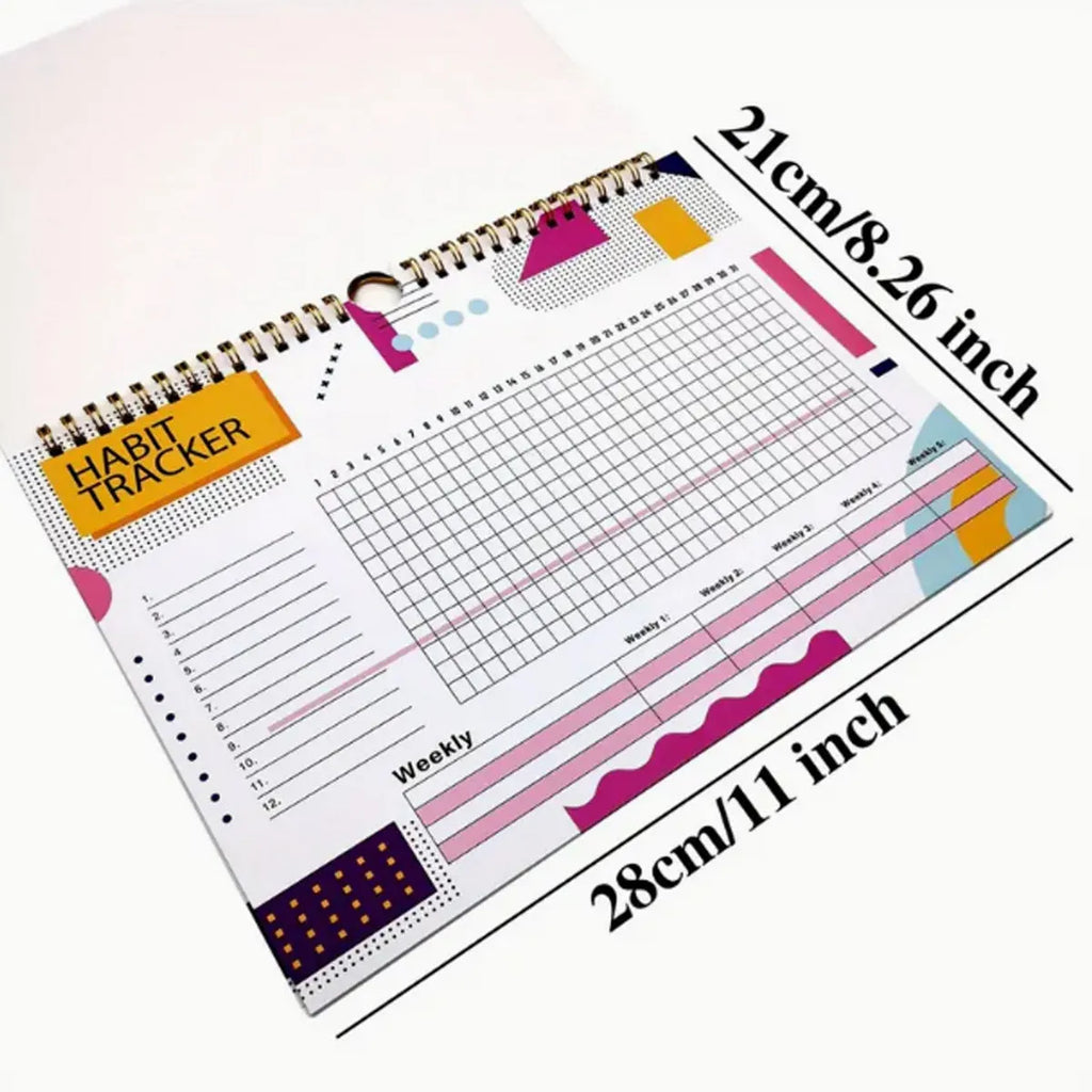 English habit tracking book with 12 pages measuring 21cm by 28cm