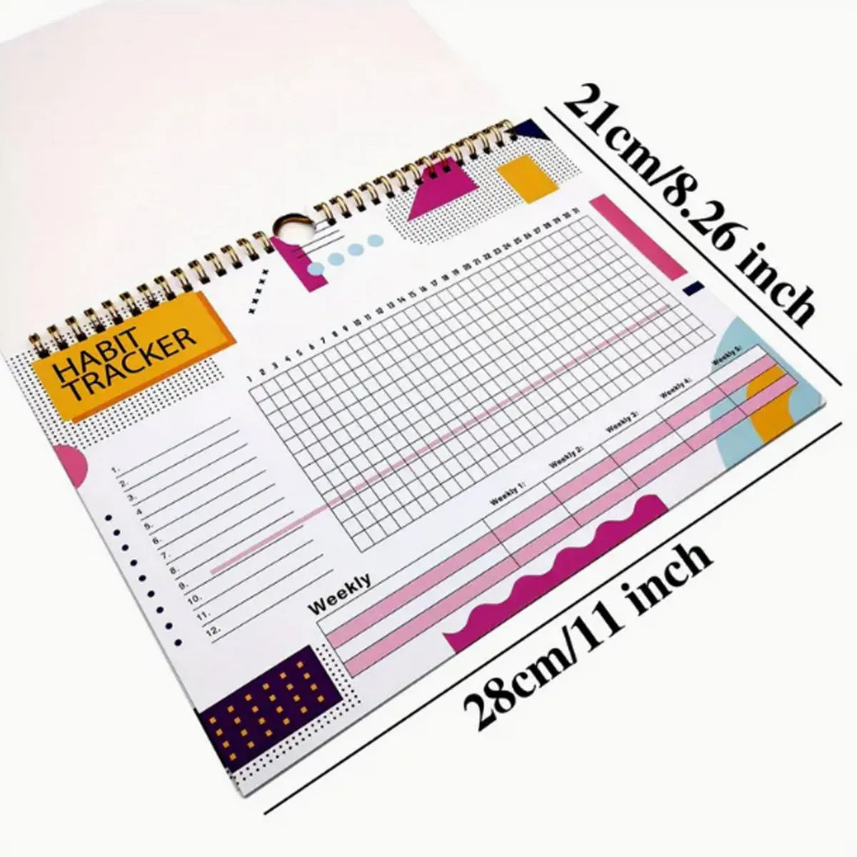 English habit tracking book with 12 pages measuring 21cm by 28cm