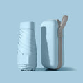 A folded six-fold flat umbrella in a capsule box, showing the steel ribs and rubber handle.
