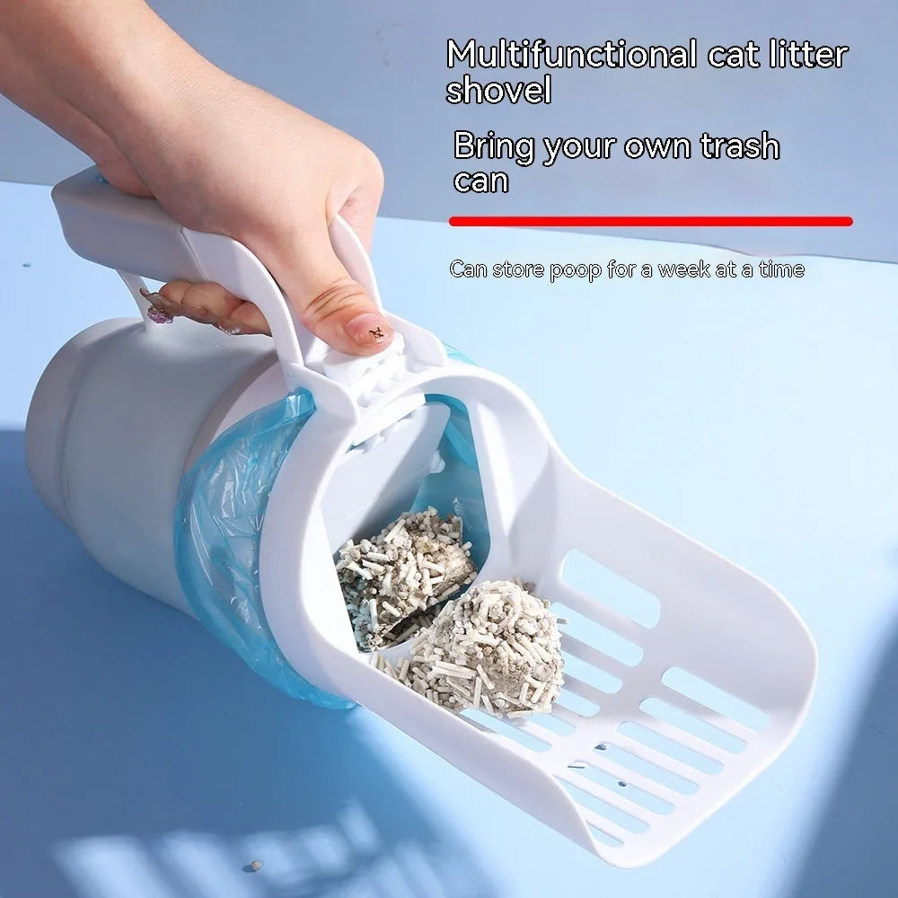 Grey foldable cat litter scoop and bin system with non-slip handle next to a litter box.