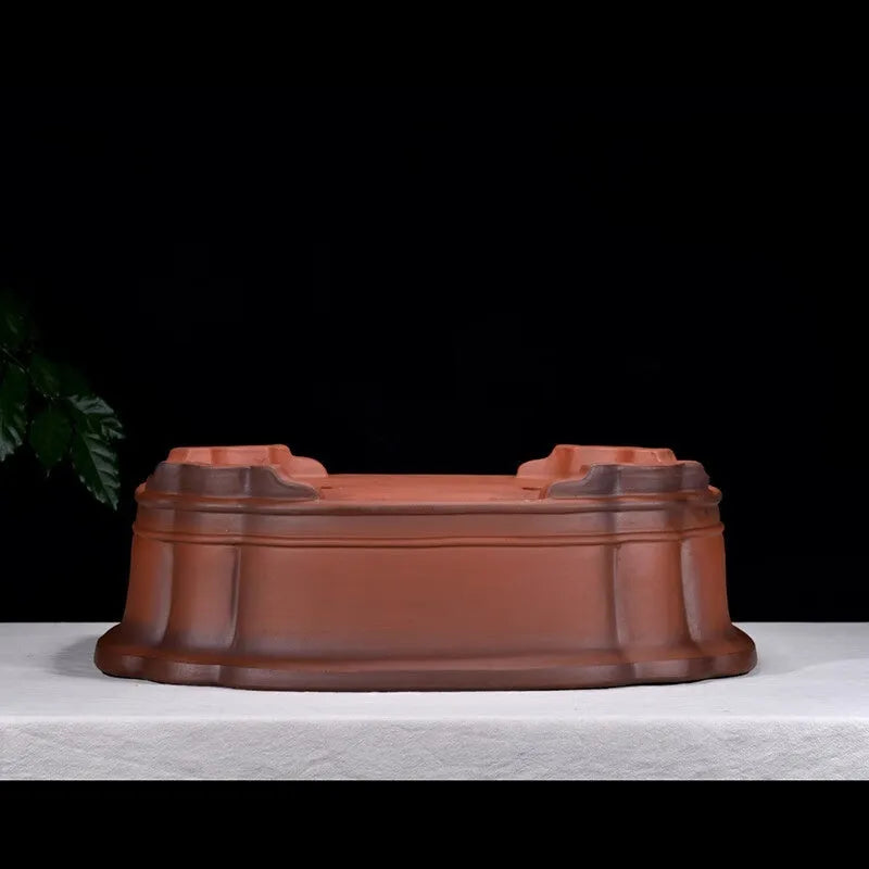 Large antique-coloured Chinese style purple clay flower pot showing dimensions.