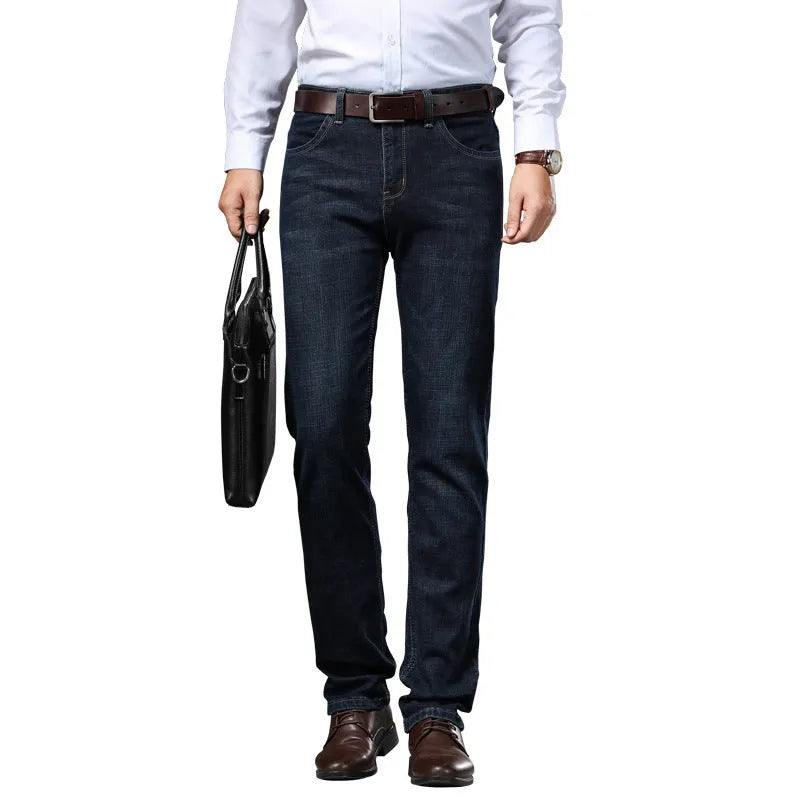 Stretch jeans in straight-leg trousers style showing black and blue denim options with mid-waist design