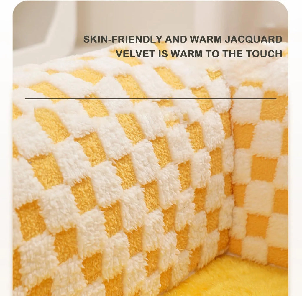 XL fan-shaped plush pet bed tunnel with a coffee plaid pattern and anti-slip base.