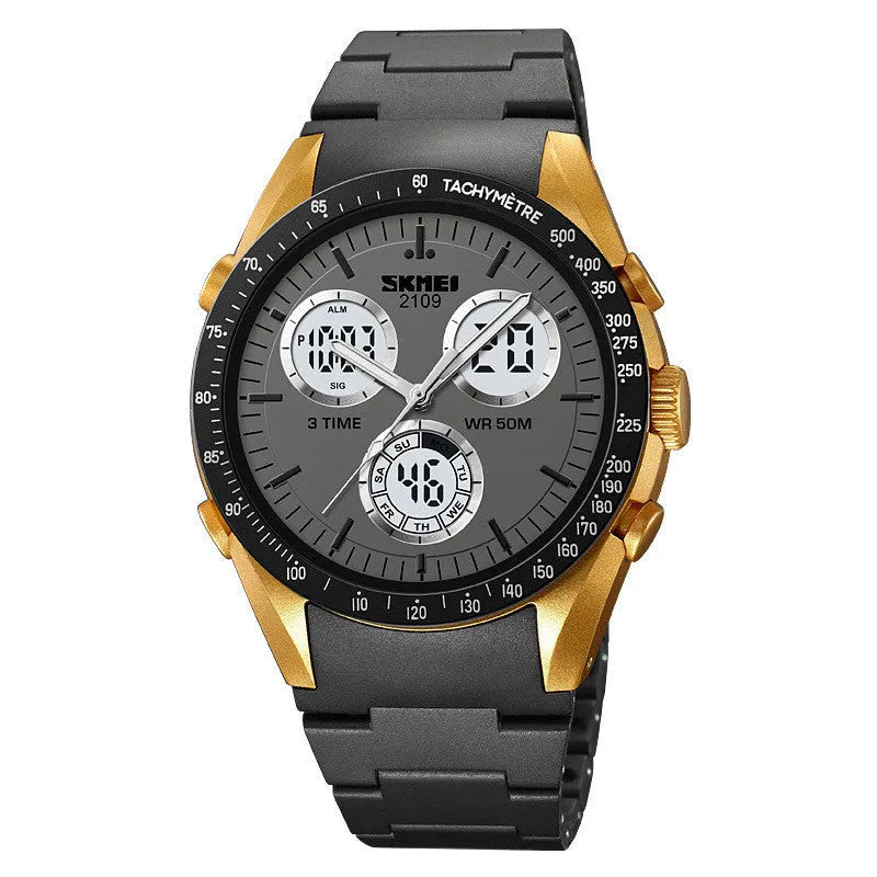 Electronic casual watch with camouflage patterned strap and resin mirror face, showing stainless steel button.