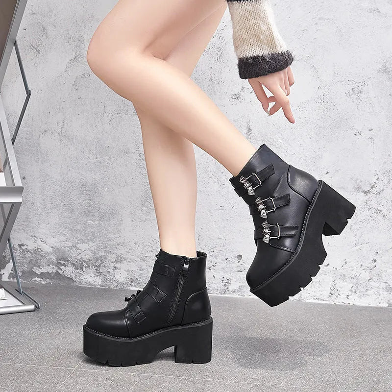 Black women's Harajuku punk gothic short boots with bat buckle, side zipper, thick heel, and round toe.