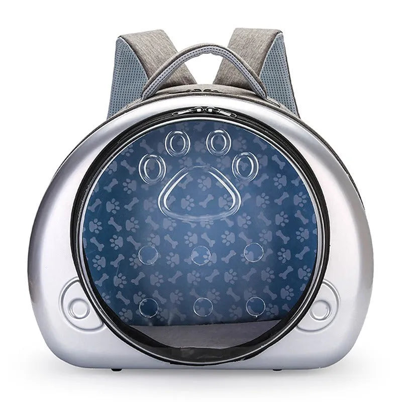 Transparent space capsule pet carrier bag for cats in rose gold, luxury silver, or champagne gold.