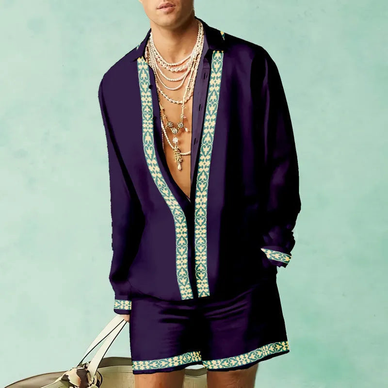 Loose fit casual summer shirt and shorts matching set in slim fit polyester.