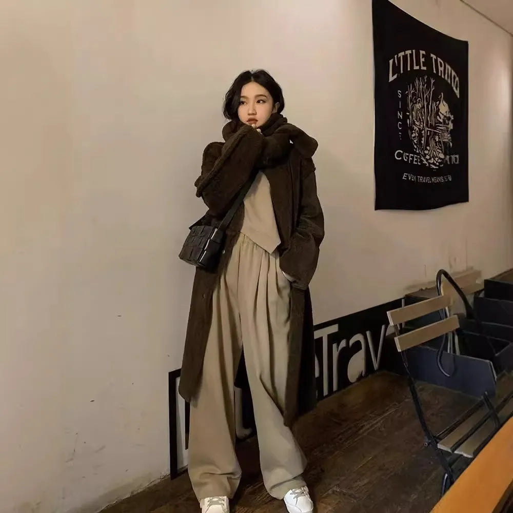 Women's khaki casual sportswear two-piece set with long sleeve top and matching trousers