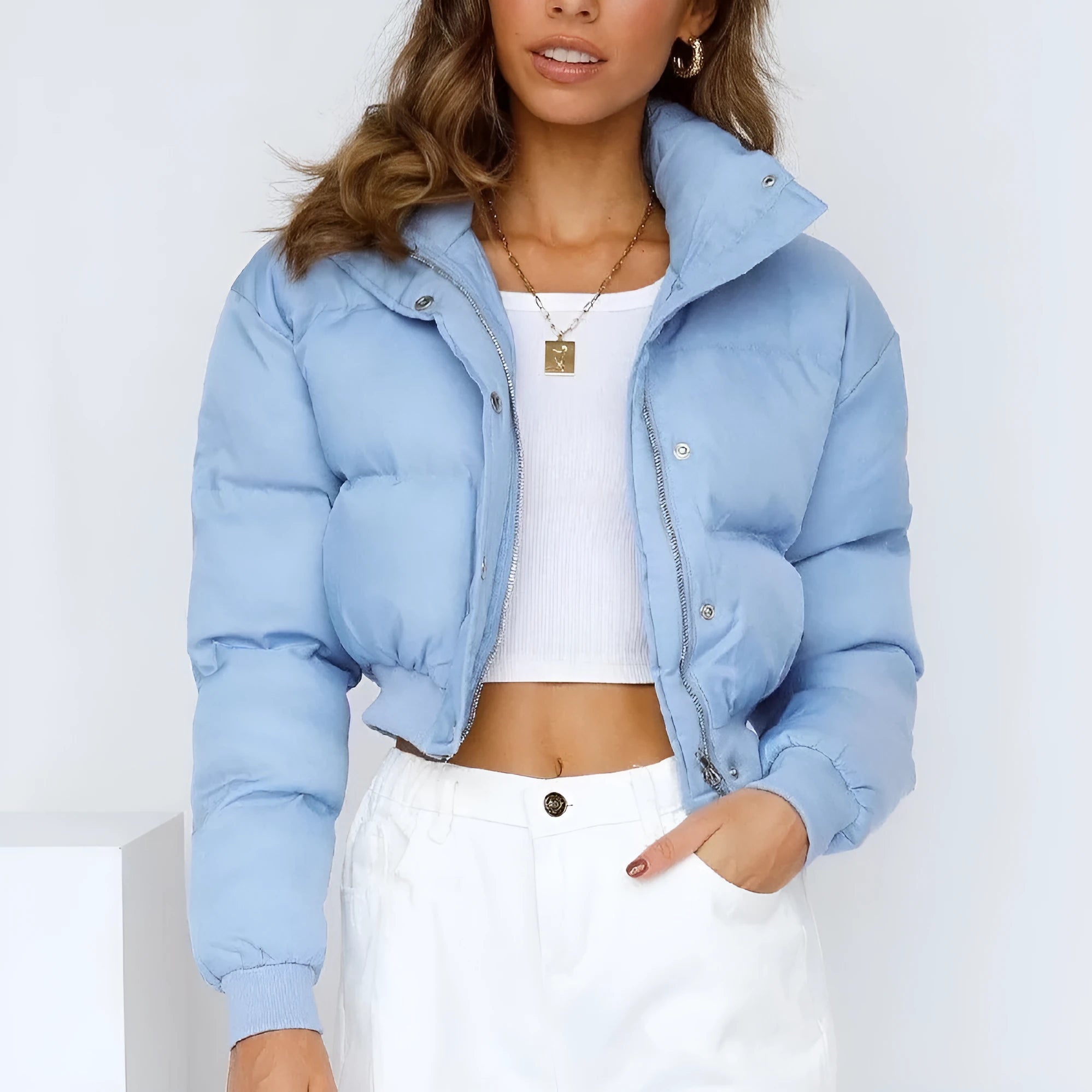 Women's loose fit polyester jacket in blue, grey, black, and milky white colours with long sleeves
