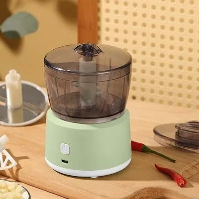 Mini electric meat grinder food processor in white or light green with transparent cup
