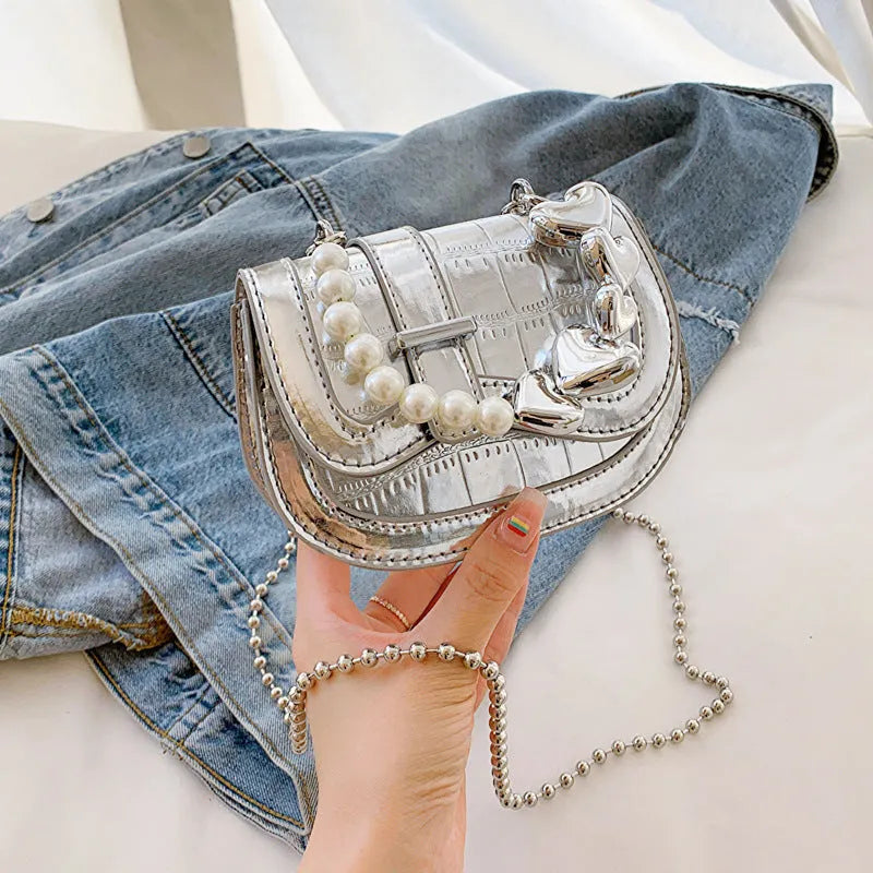 Women's silver PU crossbody bag with horizontal square design and mobile phone pocket