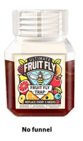 Bottle of SK003 fruit fly bait liquid with optional funnel for placement.
