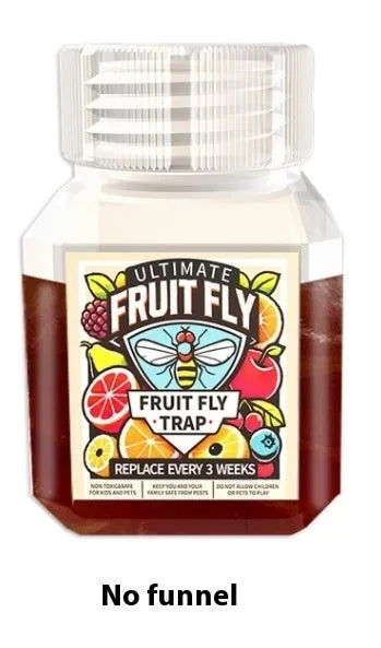 Bottle of SK003 fruit fly bait liquid with optional funnel for placement.