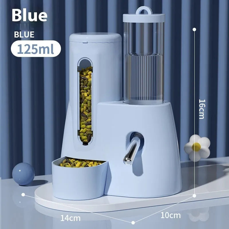 White, blue, and pink hamster automatic drinking water feeder with food basin for small pets