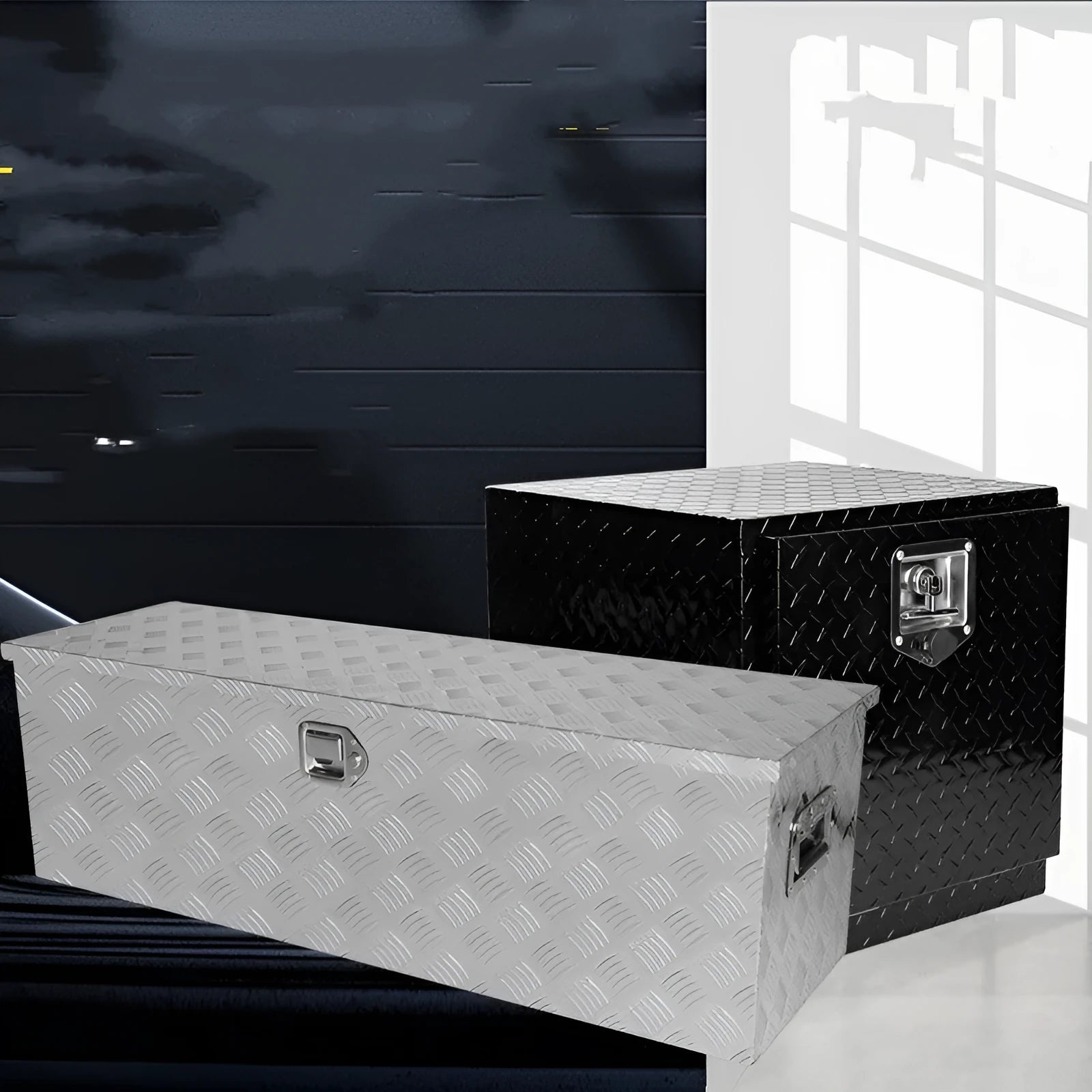 26-inch black aluminium toolbox with T-cast handle for tool storage