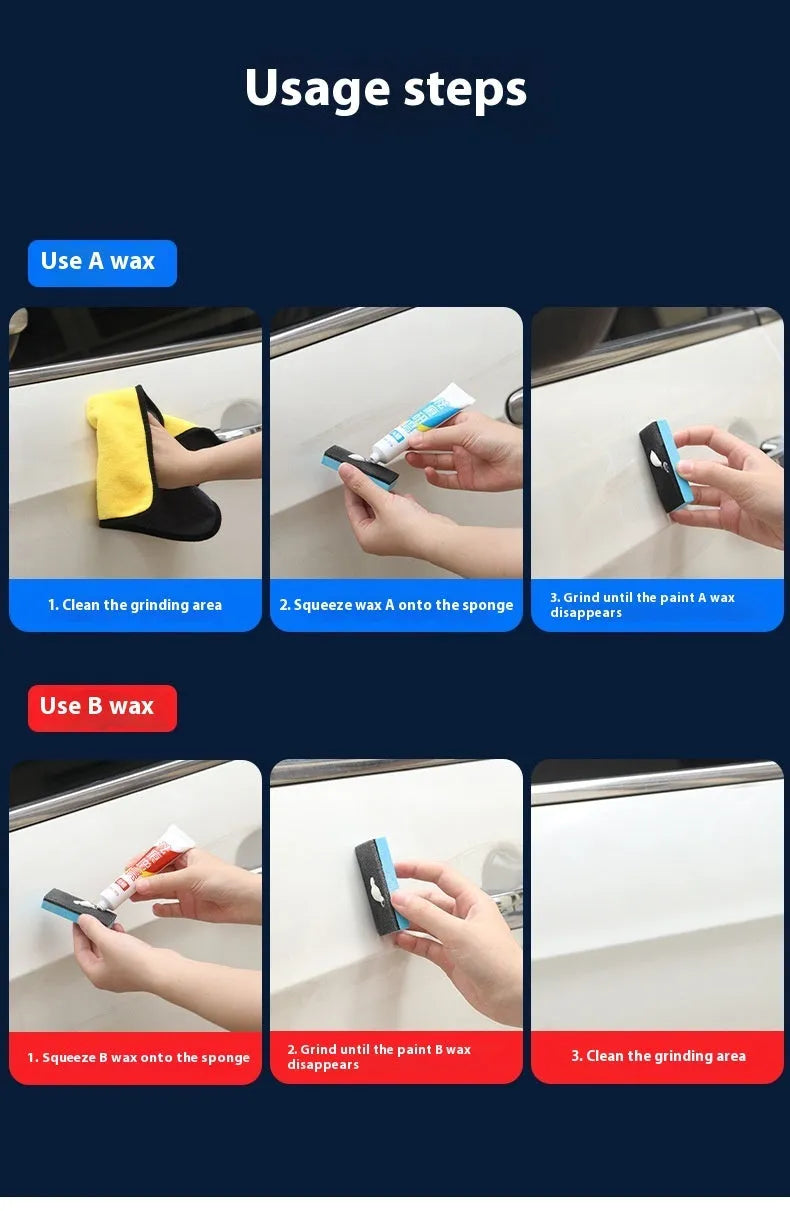Car scratch repair wax kit with two bottles (A wax and B wax) and a frosted sponge applicator