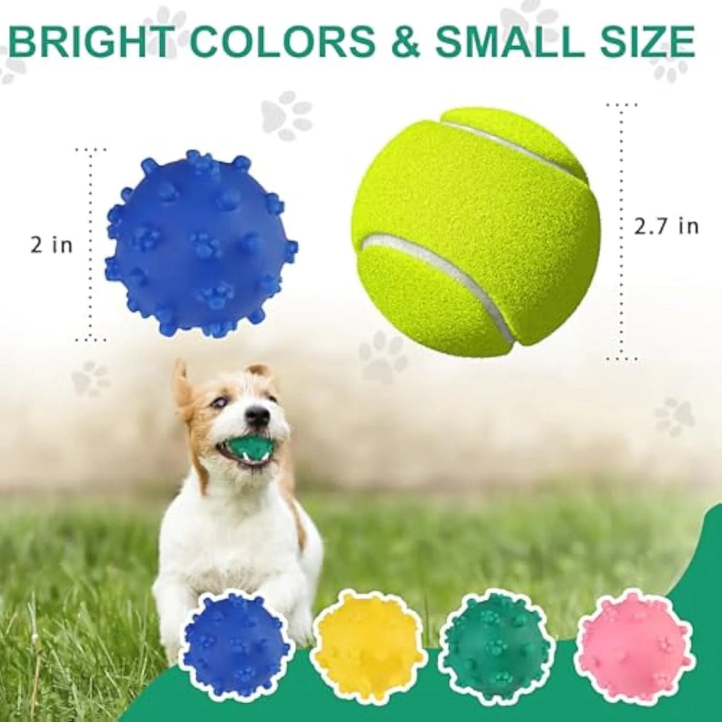 Bright blue, green, pink, and yellow spiky dog balls for small puppy teething and play.