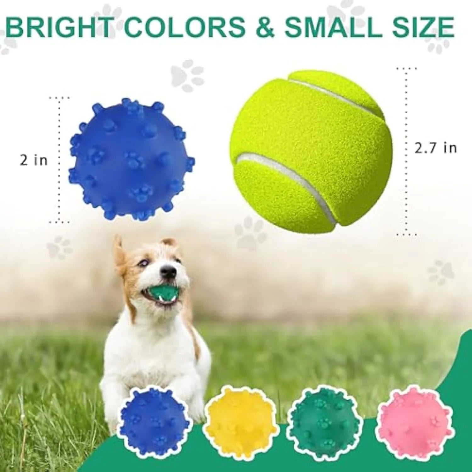 Bright blue, green, pink, and yellow spiky dog balls for small puppy teething and play.