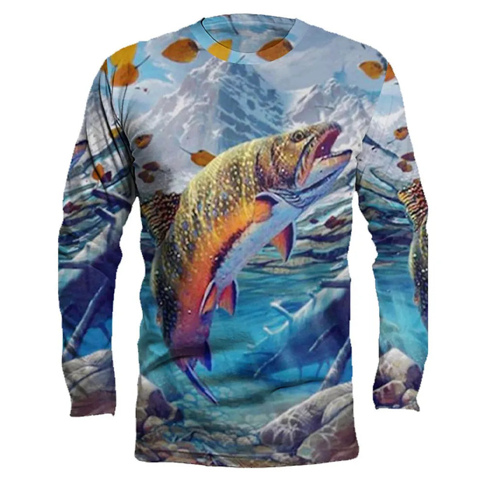 Men's grey round neck long-sleeve top with a large printed blue and orange fish graphic on the front.