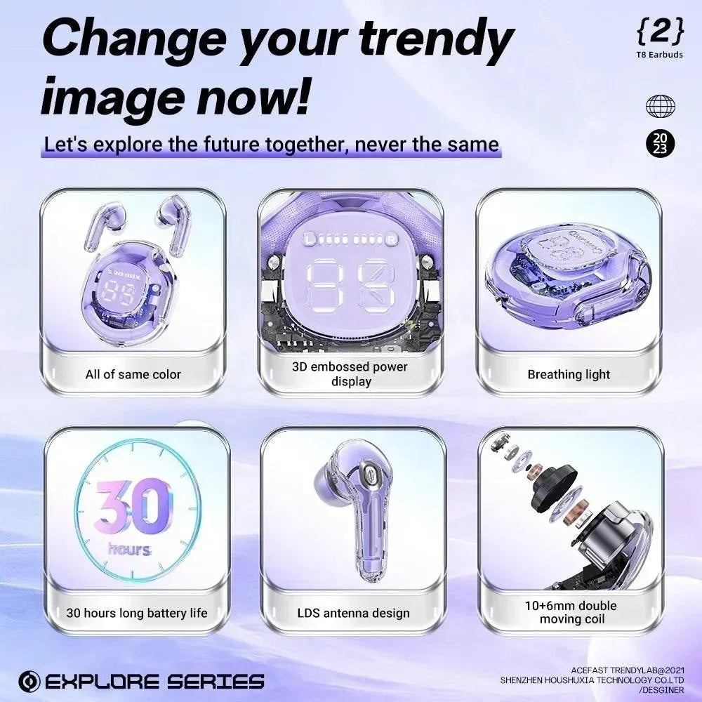 Wireless Bluetooth in-ear headset shown in multiple colours including sky blue and violet on a white background.