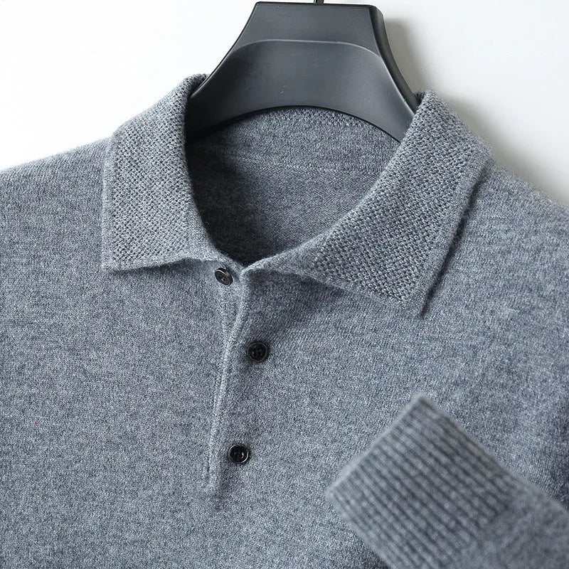 Men's grey wool pullover sweater with a polo collar and long sleeves on a hanger