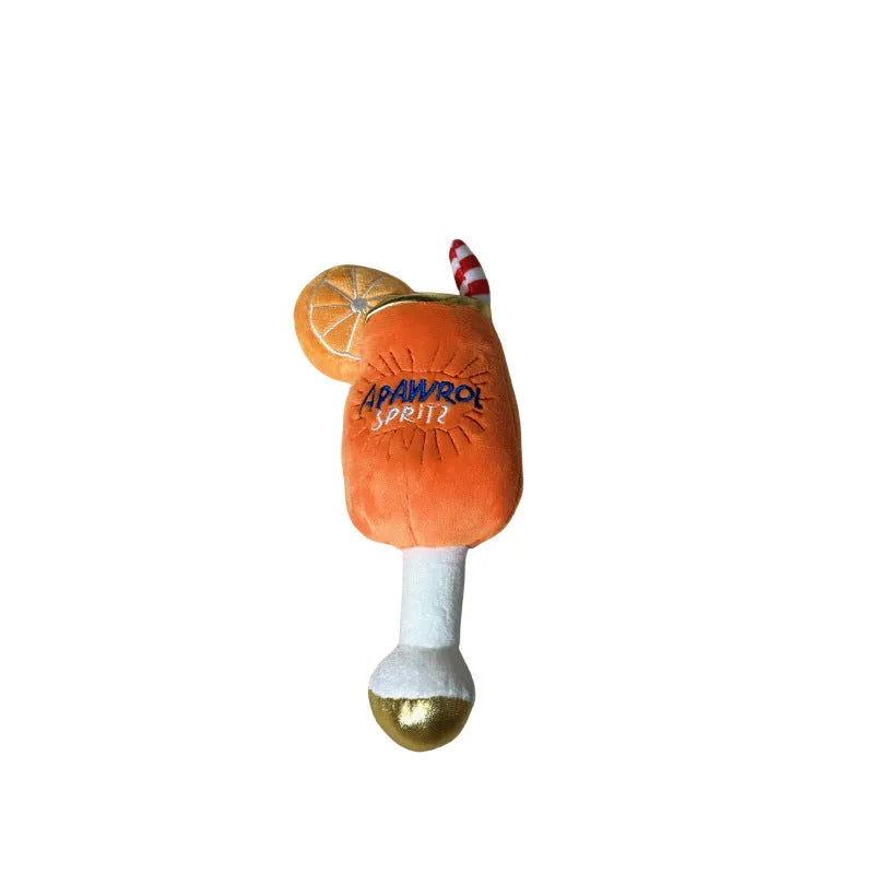 Yellow wine glass design squeaky dog chew toy measuring 7cm long with plush texture