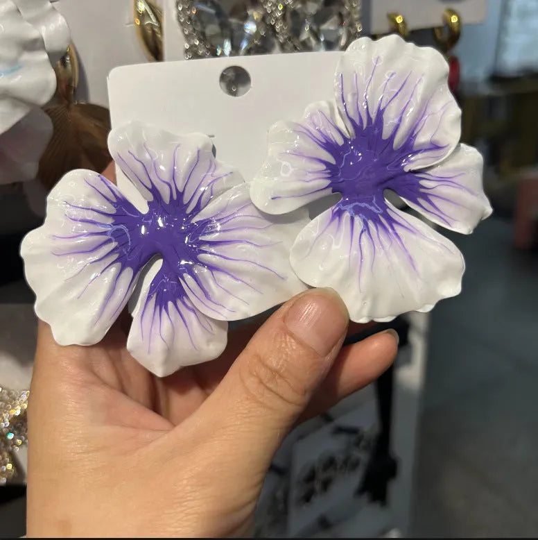 Pastoral style alloy flower stud earrings with oil-spot glaze finish in blue, green, purple, and rose colour options.