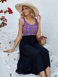 Purple sleeveless dress with hand-hooked floral stitching detail on cotton blend fabric.