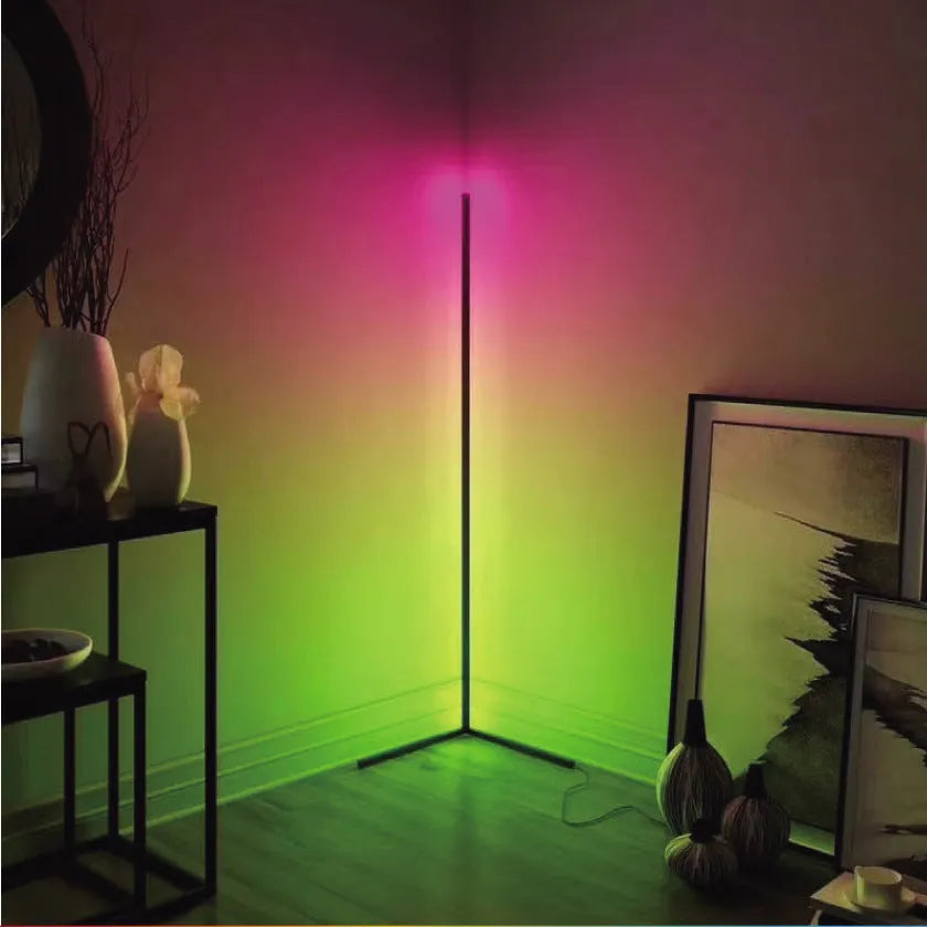 Black smart floor lamp with RGB lighting, silicone shade, and remote control for bedroom atmosphere