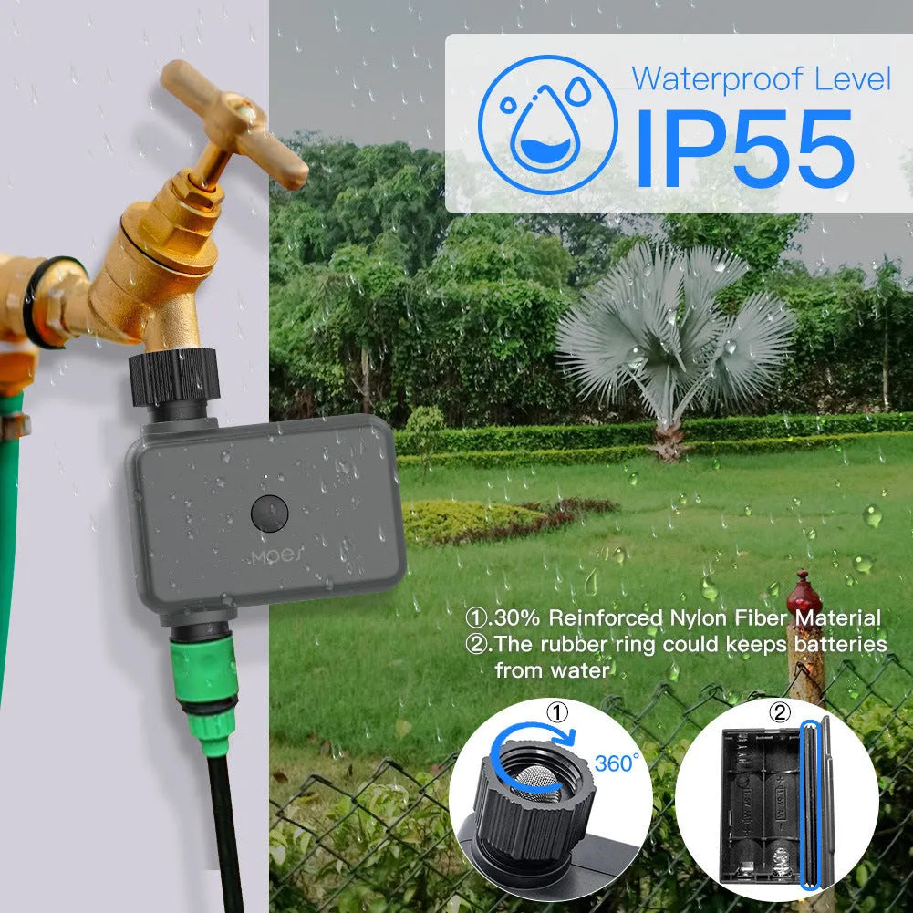 Bluetooth smart garden sprinkler timer with hose connector and smartphone showing watering app