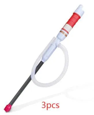 Blue manual hand siphon pump for transferring fuel and liquids.