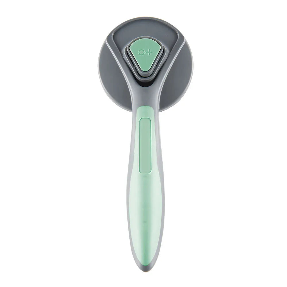 Grey self-cleaning pet slicker brush with massage-tipped bristles and a cleaning button on the handle