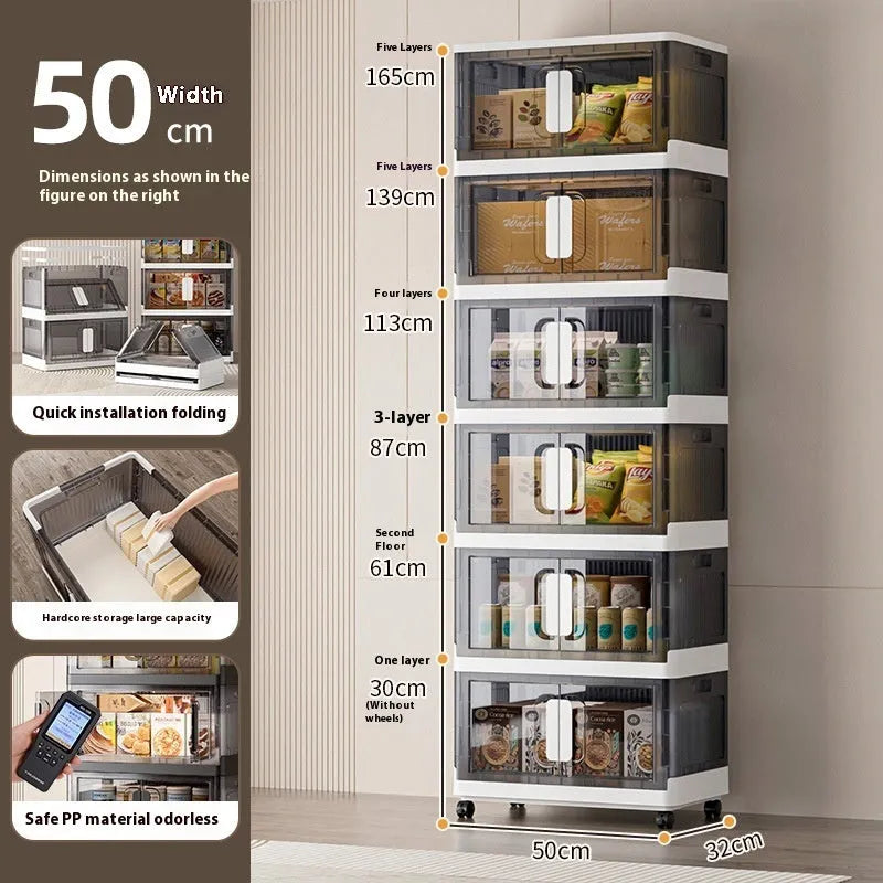A foldable white PP plastic storage locker with wheels and multiple adjustable internal shelves.