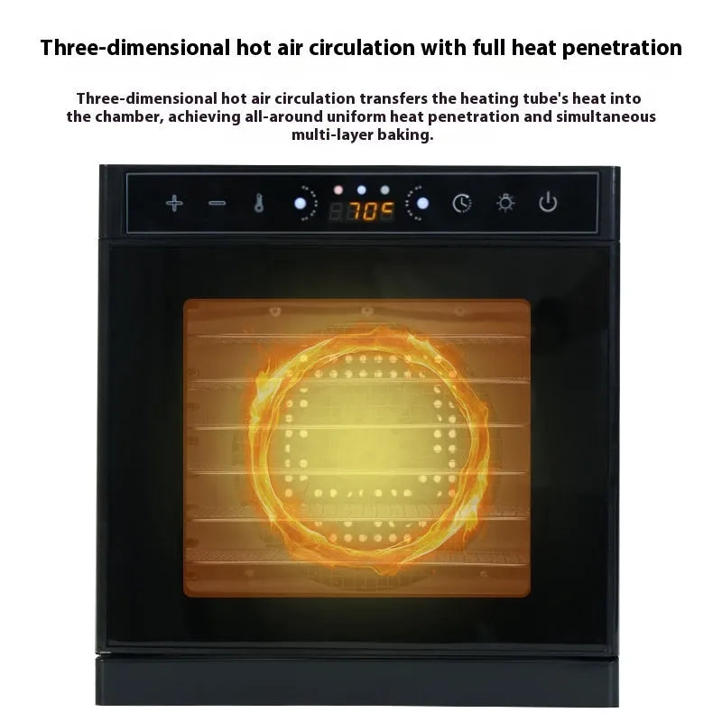 Stainless steel fruit dehydrator with transparent skylight showing drying trays inside