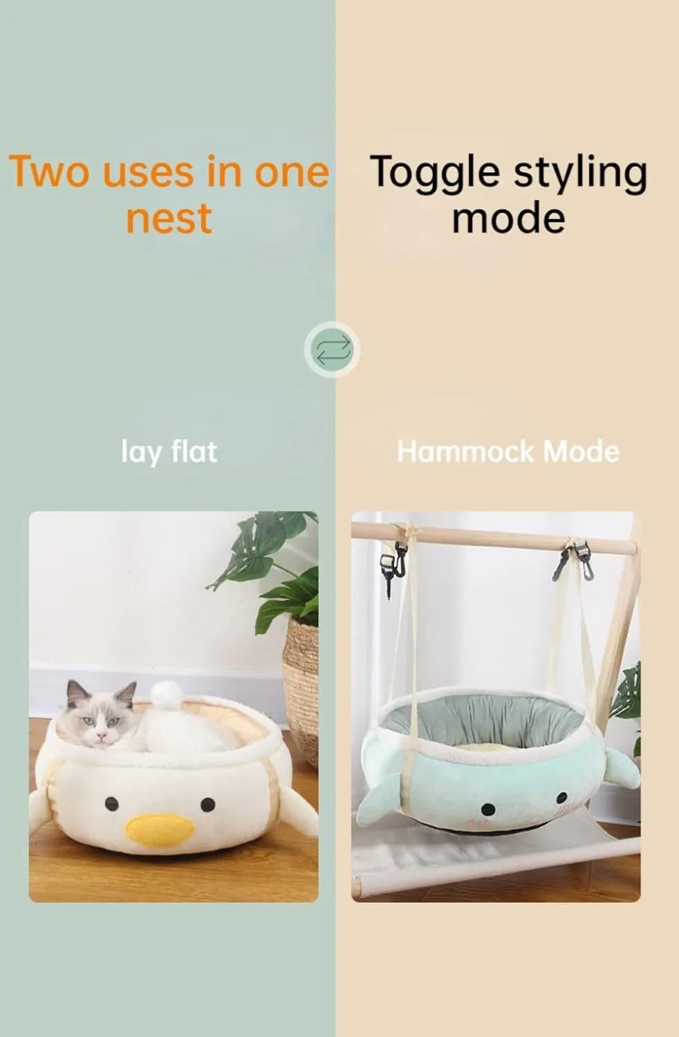 Green chick-shaped cat bed shown both flat and hanging as a hammock for small pets.