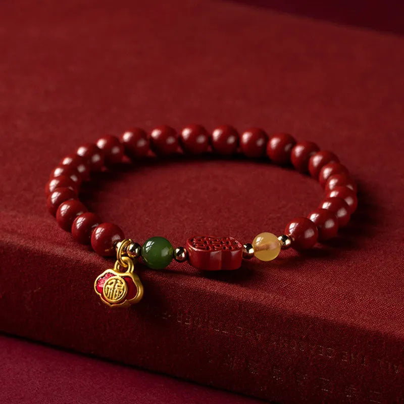 Emperor sandstone cinnabar bracelet with fu character engraving in new Chinese style