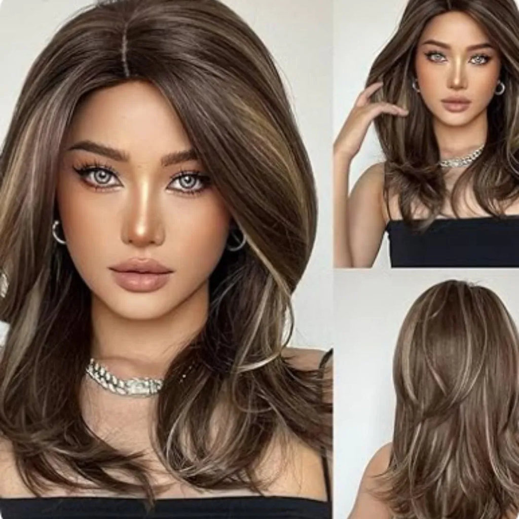 Mid-length platinum gradient colour wig with curly hair and fringe on model
